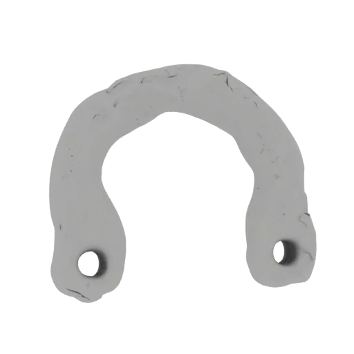 3D model render of a U-shaped metal bracket with two mounting holes and a textured metallic finish.