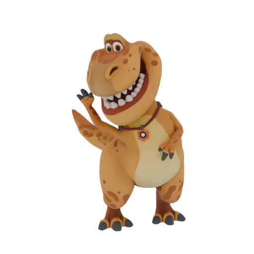 A friendly cartoon T-Rex dinosaur character 3D model, waving with its right hand and smiling broadly, wearing a necklace.