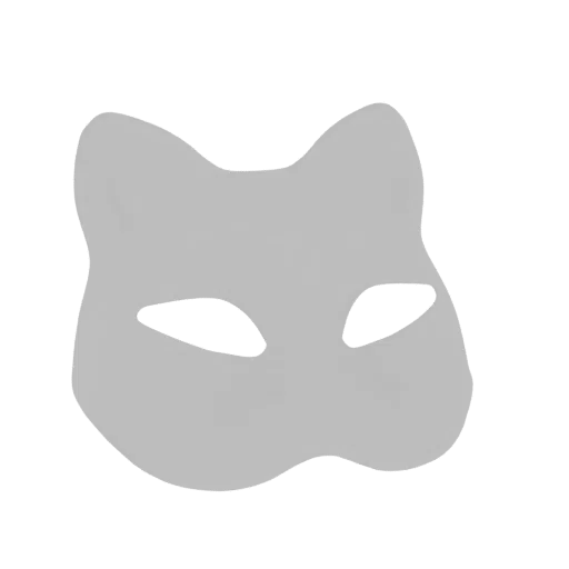Un modelo 3D de una máscara de gato estilizada y gris con orejas puntiagudas y grandes aberturas para los ojos, presentada sobre un fondo blanco.