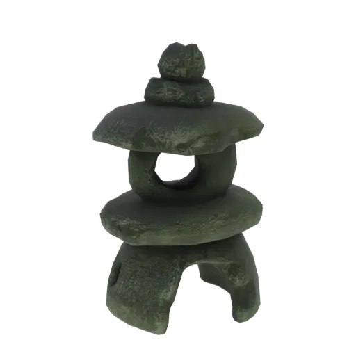 Modelo 3D de una linterna japonesa tradicional de piedra con elementos apilados y una abertura central, renderizado sobre fon