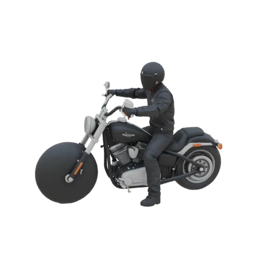 3D model of a biker in a black leather jacket and pants, sitting on a black American chopper with a wide rear wheel.