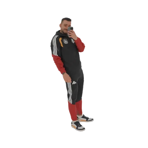 3D model of a man wearing a black and red German football fan tracksuit, holding a smartphone.