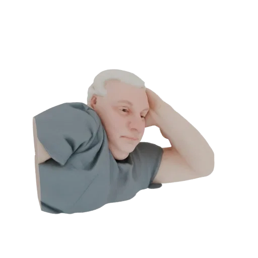 3D model of a man with white hair, wearing a grey t-shirt, resting his head on his hand, looking to the side.