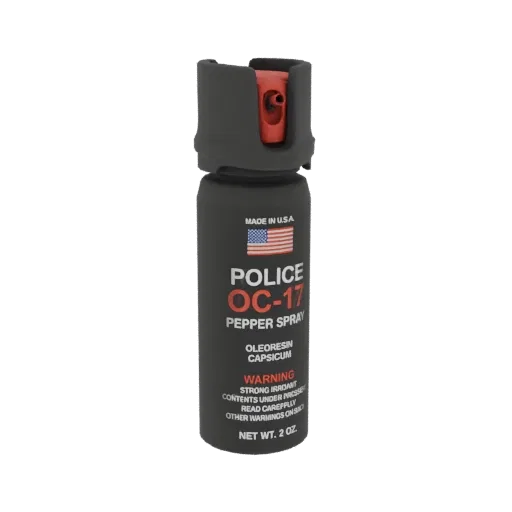 3D model of a black Police OC-17 pepper spray can with a red nozzle and protective cap, showing detailed warning labels.