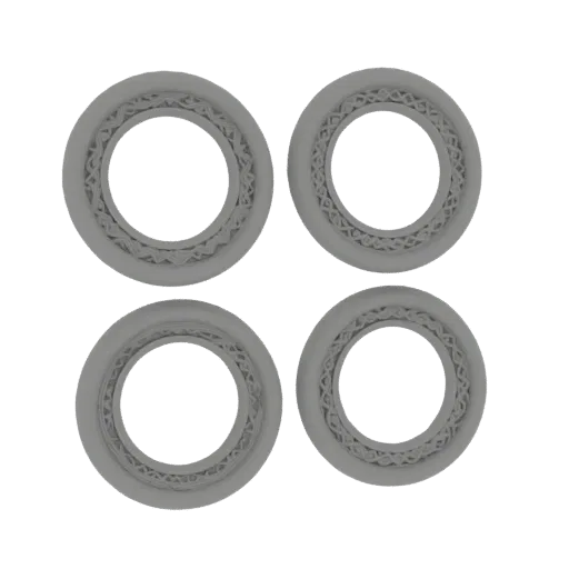 A 3D render of four grey, circular decorative frames arranged in a 2x2 grid, each with a unique intricate carved pattern.