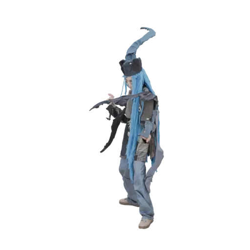 3D model of a fantasy character with long blue hair, wearing a tall, dark-accented hat and a layered, textured costume, posed