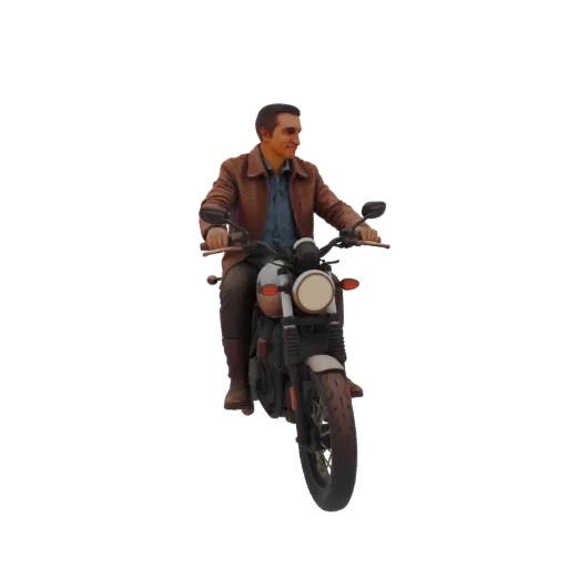 3D model of a man in a brown jacket riding a motorcycle, viewed from the front-right.