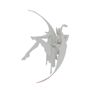 Render 3D de una figura alada blanca y elegante con túnicas fluidas, sentada grácilmente sobre una luna creciente blanca cont