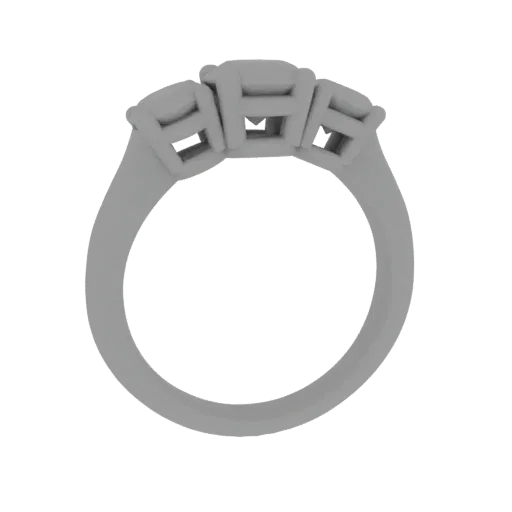 A 3D model render of a classic three-stone diamond ring with a polished metal band and three sparkling gemstones.