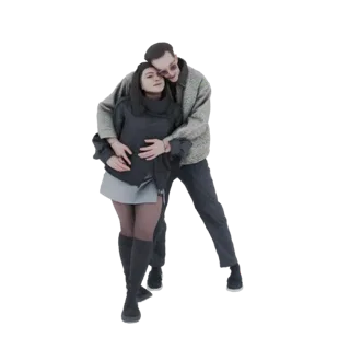 3D model of a couple embracing, with the man's arms around the woman, both wearing casual modern clothing.