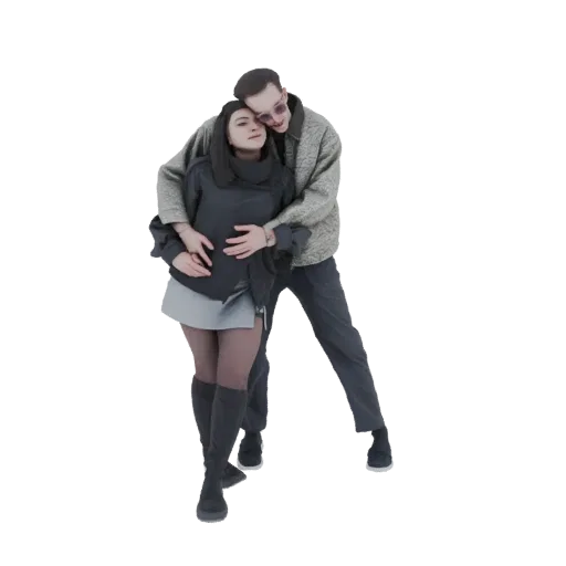 3D model of a couple embracing, with the man's arms around the woman, both wearing casual modern clothing.