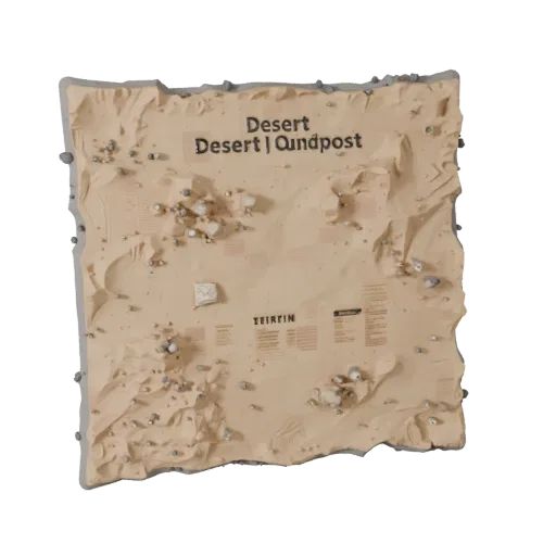 Desert Outpost Terrain Modular 3D model, isometric modular kit view, showing sculpted terrain, dune ridges.