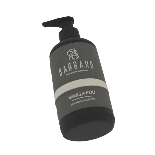 3D model of a Barbaro Vanilla Pod shampoo bottle with a dark gray body and cream band.
