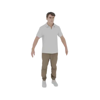 Modelo 3D de un hombre joven con camisa polo blanca y pantalones beige, de pie con los brazos a los lados.
