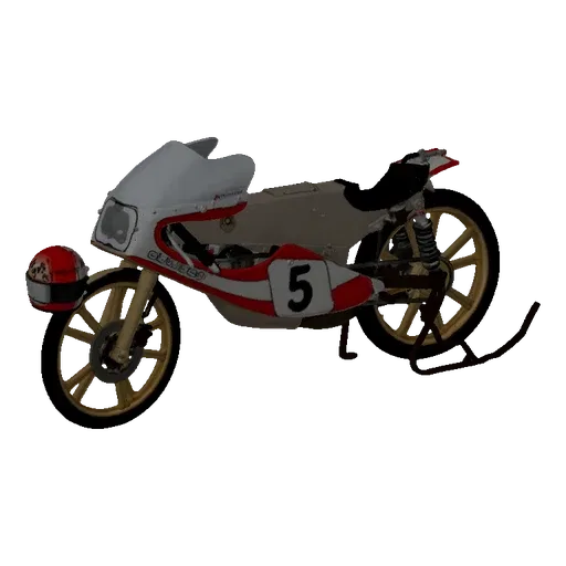 3D model of a vintage racing motorcycle with a white and red fairing, gold spoked wheels, and the number 5.