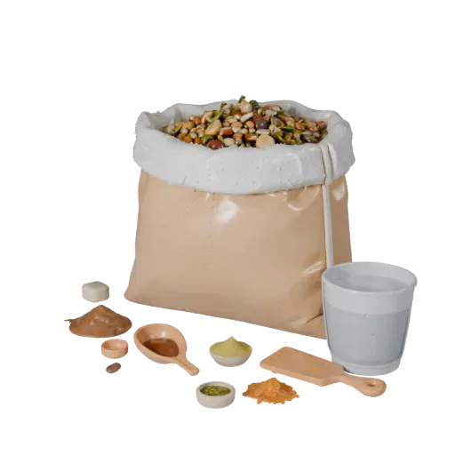 Baking Rice Sack Product Viz 3D model, three-quarter studio product render, showing powders, small ingredient shapes.
