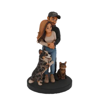 Modèle 3D d'un couple s'embrassant, avec un chien et un chat debout sur une base noire, rendu dans une esthétique stylisée et