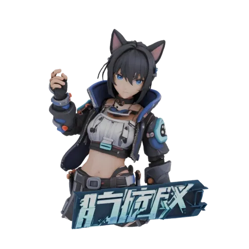 3D model cyberpunk girl cat ears futuristic outfit holding logo