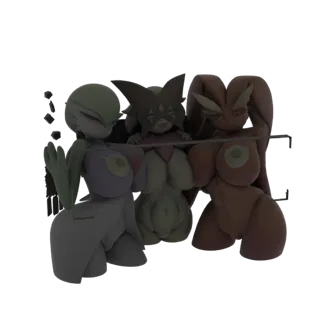 Rendu 3D des personnages Gardevoir, Lopunny et Delcatty style anime se tenant ensemble, montrant leurs designs stylisés.