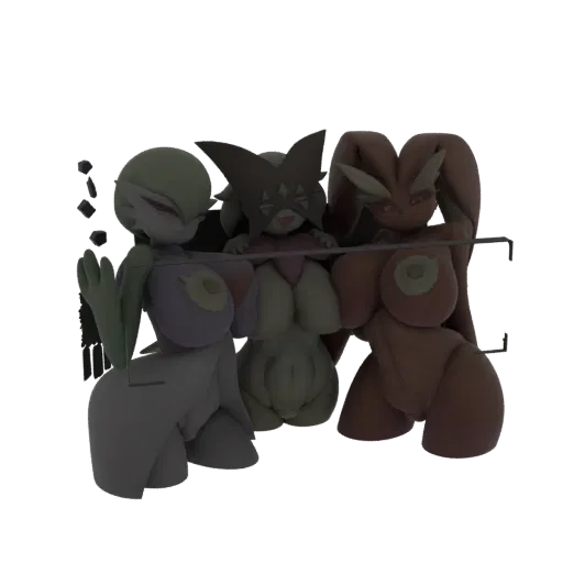 3D render of anime-style Gardevoir, Lopunny, and Delcatty characters standing together, showcasing their stylized designs.