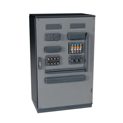 Inspection Control Cabinet 3D model, side profile view, technical viewport render, showing painted steel, form detail.