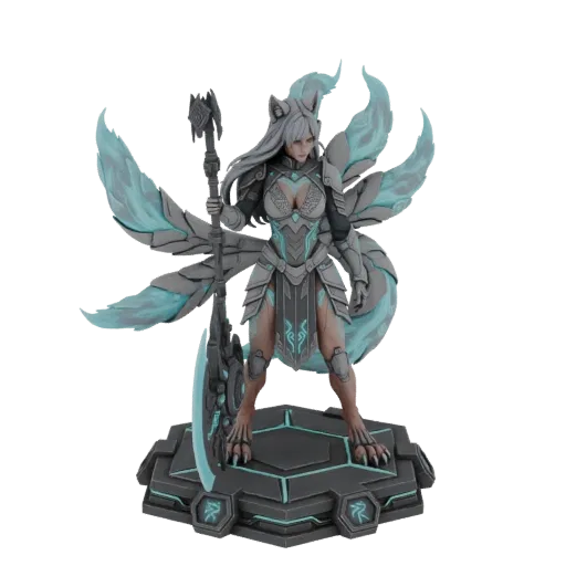 3D model of a fantasy fox warrior with silver armor and glowing blue tails, holding a staff, standing on a hexagonal base.