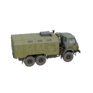 3D-Modell eines grünen, sechsrädrigen Militär-LKWs mit großer Ladebox, aus Seitenansicht gezeigt.
