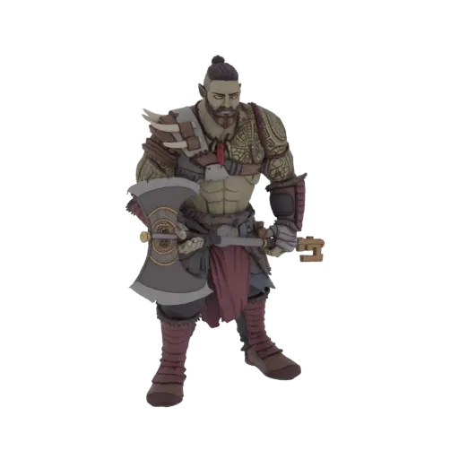 3D-Modell eines grün-häutigen Ork-Kriegers mit Kriegsbemalung, Tribal-Rüstung und großer Doppelaxt.