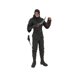 3D-Modell eines in dunkle Kleidung gehüllten Assassinen mit zwei gebogenen Dolchen, ein dritter Dolch in der Nähe seines Bein