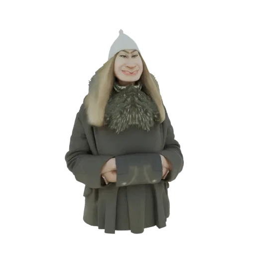 3D model render of a stylized woman wearing a white conical hat and a grey winter coat with a fur collar.