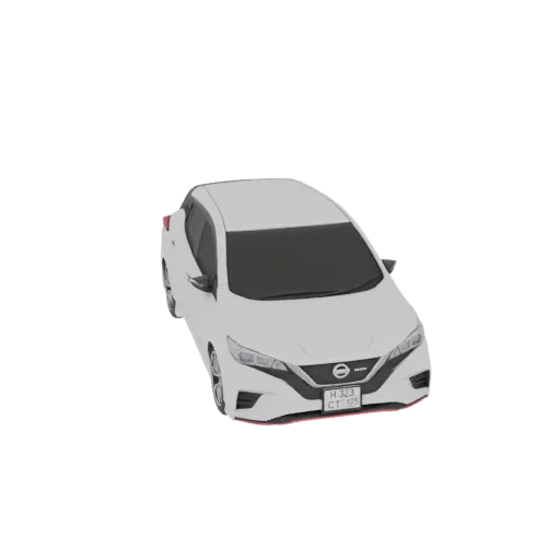 3D model of a white Nissan Leaf hatchback, viewed from a slightly elevated front-right angle.
