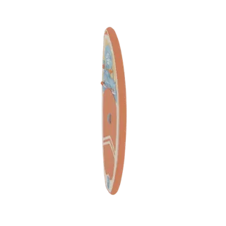 Side view of a 3D model of an orange paddleboard with a blue graphic design.