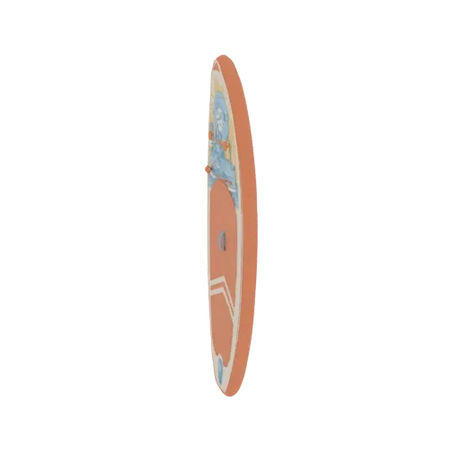 Vue latérale d'un modèle 3D de planche de paddle orange avec un design graphique bleu.