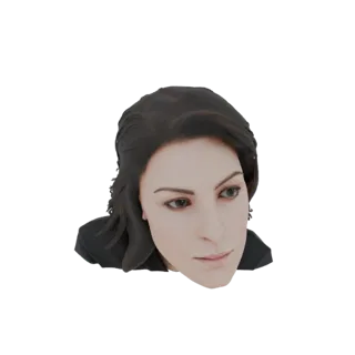A 3D render of a realistic woman's head with dark hair, looking slightly to the side.