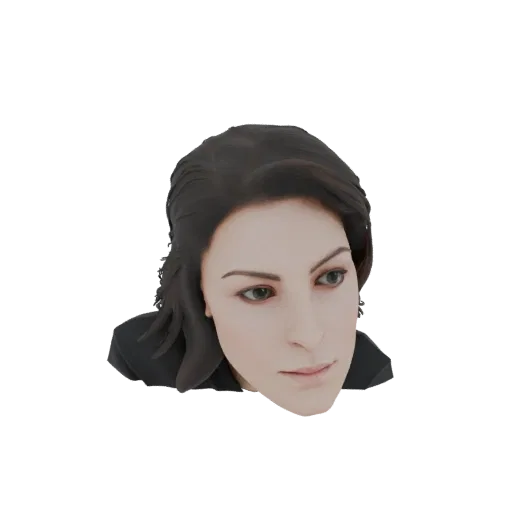Un rendering 3D di una testa di donna realistica con capelli scuri, che guarda leggermente di lato.