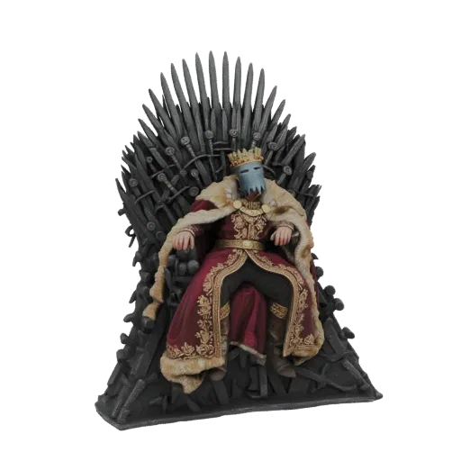 3D model of a king wearing a blue mask and a fur-lined robe, seated on the iconic Iron Throne.
