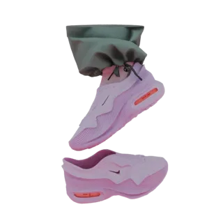 3D render of futuristic pink Nike sneakers with orange accents and a draped green drawstring bag, presented against a white b