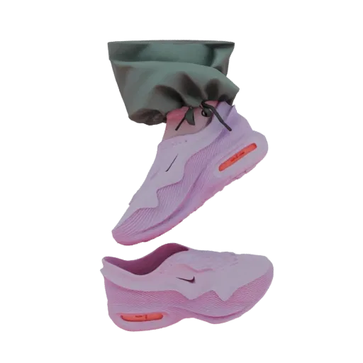 3D render of futuristic pink Nike sneakers with orange accents and a draped green drawstring bag, presented against a white b