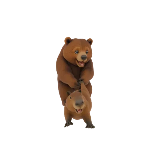 A 3D render of a brown bear playfully holding a capybara, both with happy expressions and stylized features.