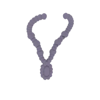 3D-Modell einer hellvioletten Perlenkette mit ovalem Anhänger, vor schwarzem Hintergrund.