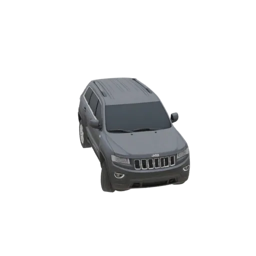 A 3D model of a dark gray Jeep Grand Cherokee viewed from a high-angle perspective, showcasing its exterior details.