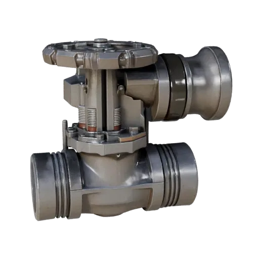 Modular Valve Assembly Realistic 3D model, three-quarter studio render, showing machined metal, precise part geometry.