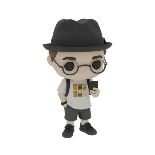 3D model of a chibi character with a black fedora, round glasses, white t-shirt with graphics, holding a smartphone, and wear