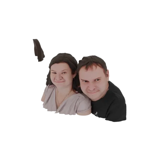 Modèle 3D généré par IA d'un couple, un homme et une femme, posant étroitement ensemble avec des expressions chaleureuses.