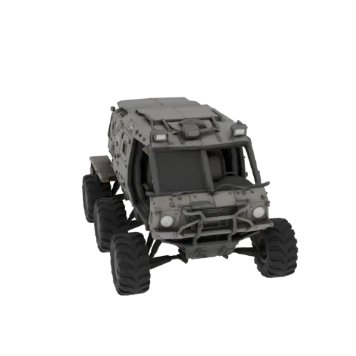 Modelo 3D de um veículo blindado de reconhecimento cinza de seis rodas com pneus off-road grandes, visto de um ângulo frontal