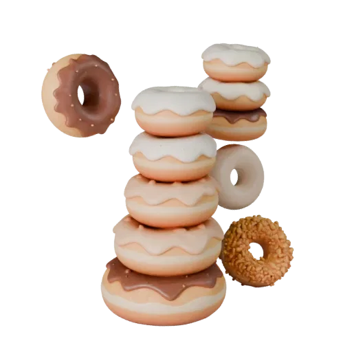 Celebration Donut Stack Product Viz 3D model, three-quarter studio product render, showing cream, sweet food silhouette.