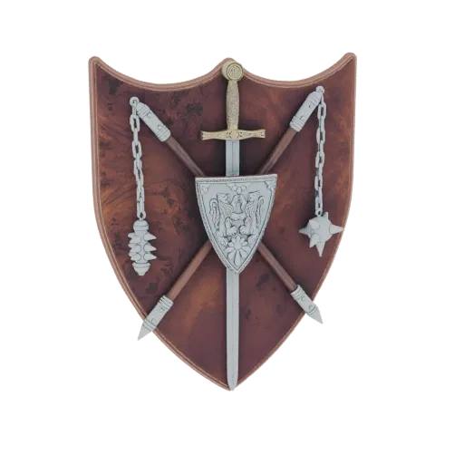 3D render of a medieval heraldic shield with a silver crest, a sword, a mace, and spearheads, set against a white background.