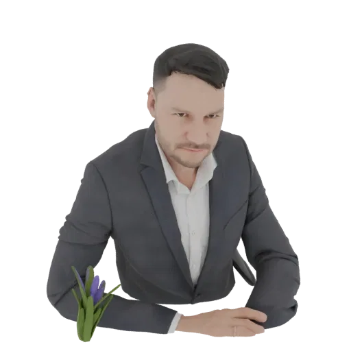 3D model of a man in a dark suit, looking down and holding a small purple flower in his hand.