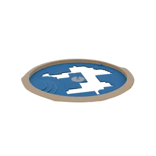3D render of an abstract circular terrain with blue fragmented platforms, wave patterns, and a beige rim, set against a black