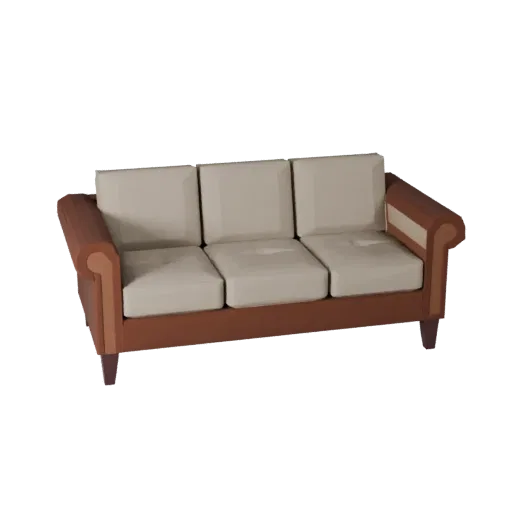 Tufted Sofa Low Poly 3D Modell, Wohnzimmer, Game-Viewport-Dreiviertelansicht, gewebter Stoffdetail.